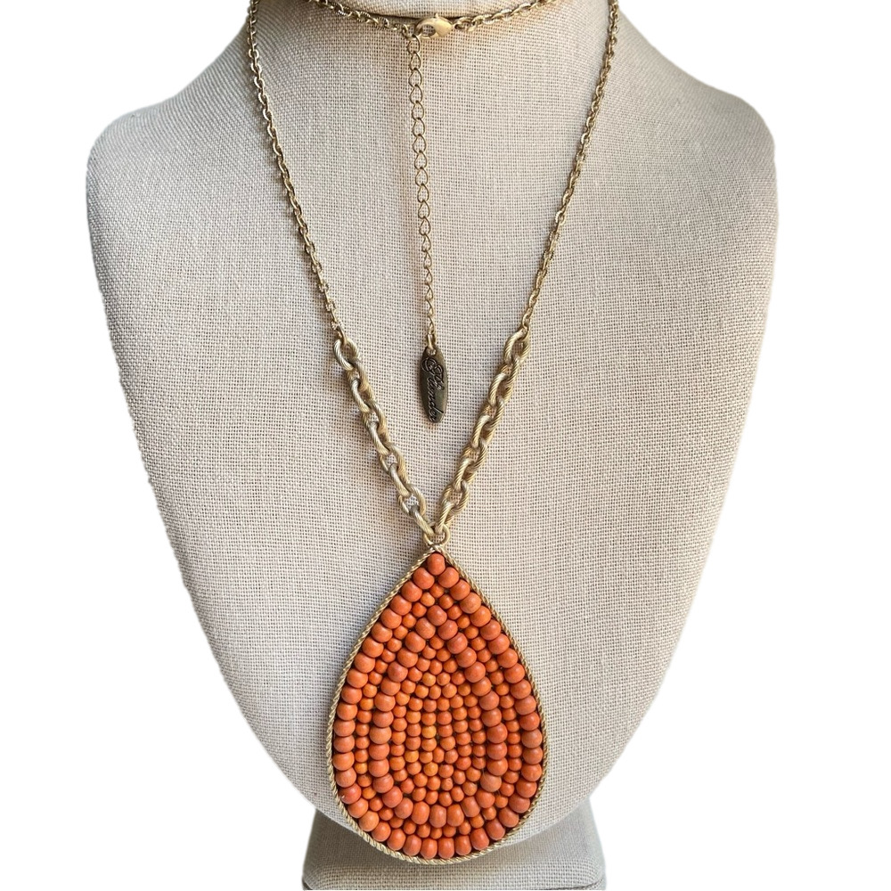 Plunder boho dark orange beaded teardrop pendant necklace on long goldtone chain